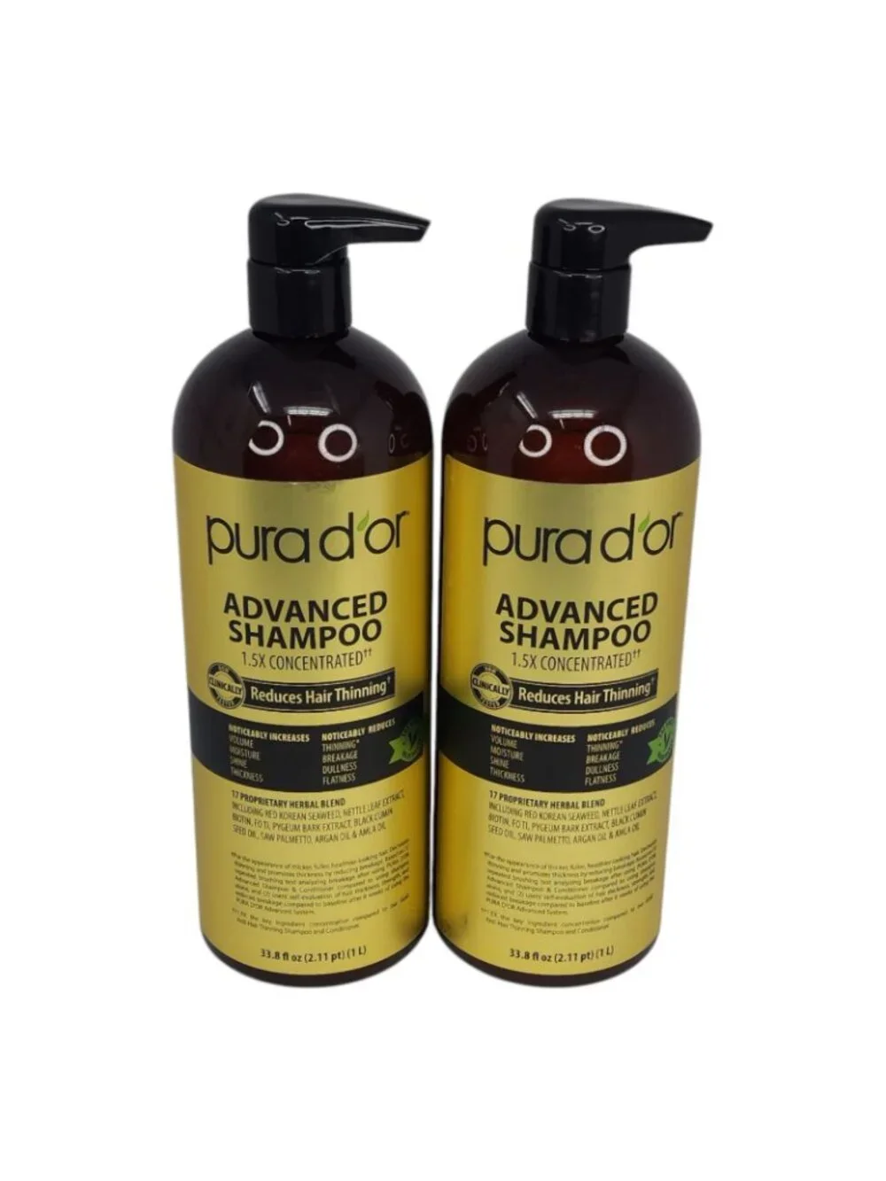 Pura Dor Advanced Shampoo Jumbo 33.8oz Reduces Hair Thinning Volumizes 2 Pack